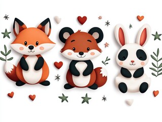 Fototapeta premium Cute cartoon animals including a fox, bear, and rabbit surrounded by hearts and leaves