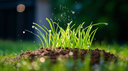 Tiny green grass sprouts push through rich brown soil, sparkling with morning dew droplets. This vibrant display captures the essence of springtime gardening and new beginnings