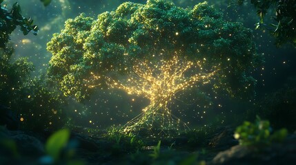Fototapeta premium Luminous Tree of Life: A Digital Fantasy Forest