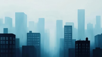 Acrylic painting of a foggy urban street in the early morning, soft greys and muted blues dominating the scene