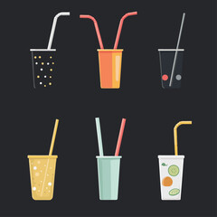 Colorful smoothie cups with straws on a black background illustration