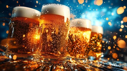Shiny wet big glasses full of golden, fresh beer with high foam on the bar table, the party is in full swing.