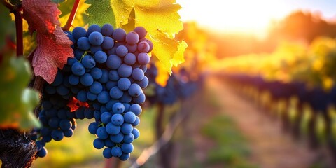 Naklejka premium dark blue grapes hanging from the vine in an outdoor, sunlit vineyard at sunset. The background is blurred to emphasize the color and texture of the grapes