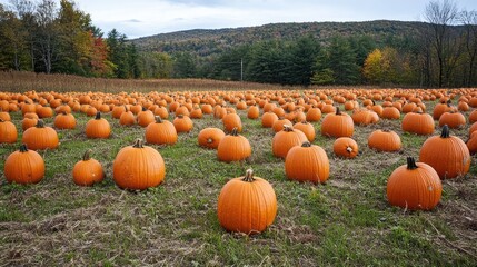 Vibrant Pumpkin Patch Under Scenic Autumn Sky in Rural Landscape