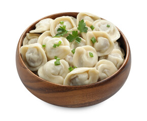 Delicious dumplings with fresh green onion and parsley in bowl isolated on white