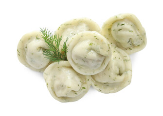 Delicious dumplings (pelmeni) with spices isolated on white, top view