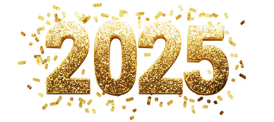  2025 in golden glitter numbers isolated on a Transparent background .png 