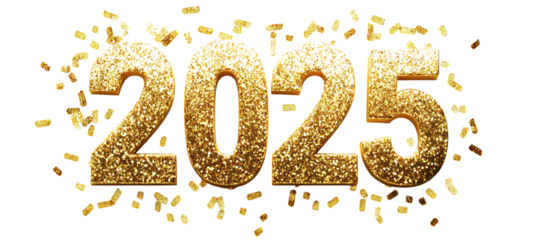 2025 in golden glitter numbers isolated on a Transparent background .png 