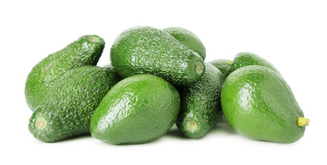 Pile of whole ripe avocados isolated on white