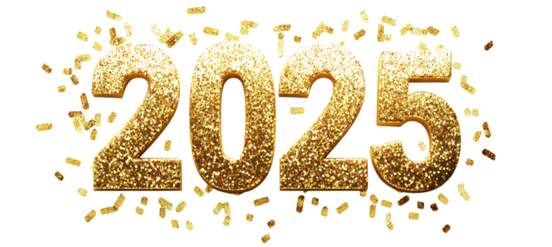  2025 in golden glitter numbers isolated on a Transparent background .png 