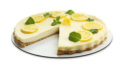 Tasty lemon cheesecake with mint isolated on white