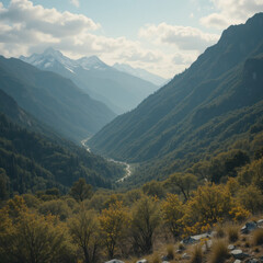 Obraz premium tranquil mountain landscape unfolds with verdant slopes under bright sky, invoking sense of peace and adventure