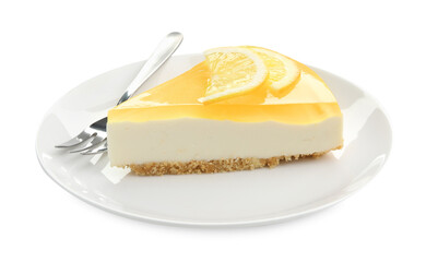 Piece of tasty lemon cheesecake and fork isolated on white
