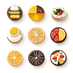 Assorted Fruit and Dessert Toppings on Miniature Cake Bases Isolated