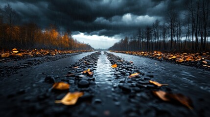 Moody autumn road with dramatic skies and fallen leaves in the rain