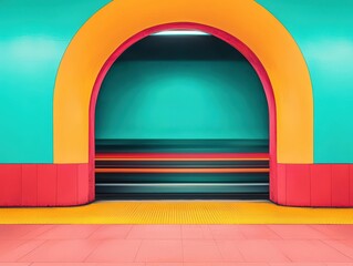 Dynamic acrylic of an urban subway entrance, bustling movement emphasized with streaks of bold colors