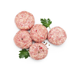 Many uncooked patties and spices isolated on white, top view