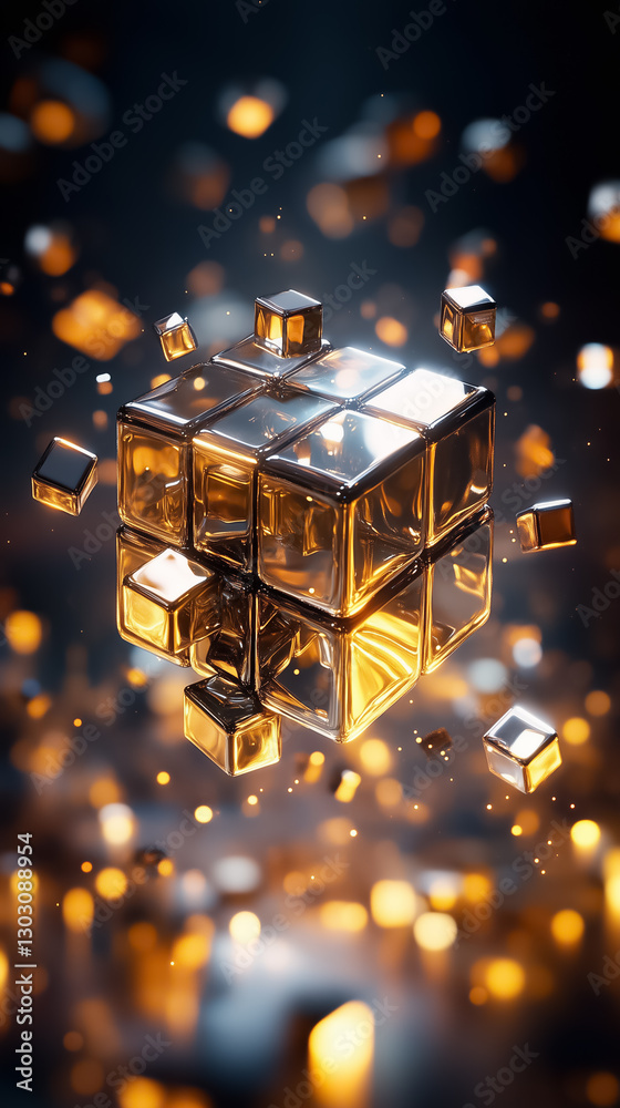 Poster in a surreal void, a giant cube constructed from smaller cubes appears to float effortlessly. its tr