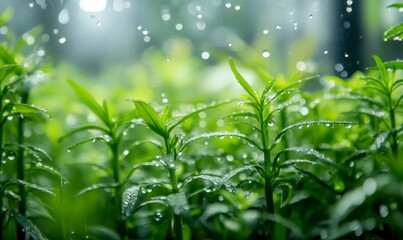 Obraz premium close-up of raindrops on a glass window, with green plants visible outside the window. The background is blurry, and there is some fog in front of it