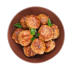 Delicious patties with parsley isolated on white, top view