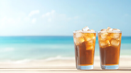 A glass of iced black tea by the sea in summer fresh breeze and travel vacation concept