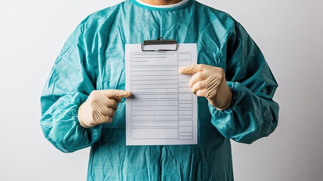 Healthcare Professional Holding Blank Document in Surgical Attire