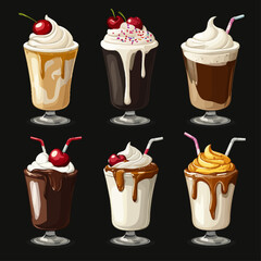Six Milkshakes with Cherries and Whipped Cream on a Black Background