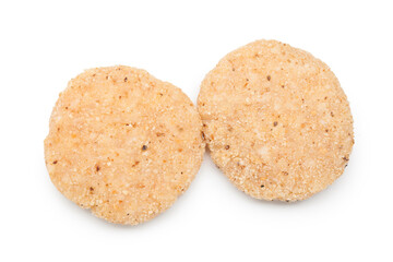 Two uncooked fresh patties isolated on white, top view