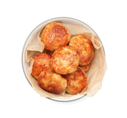 Tasty patties in bowl isolated on white, top view