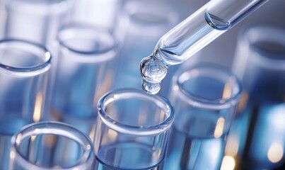 test tubes filled with a clear liquid, with an array of white and blue vials in the background. A dropper is pouring liquid into one tube
