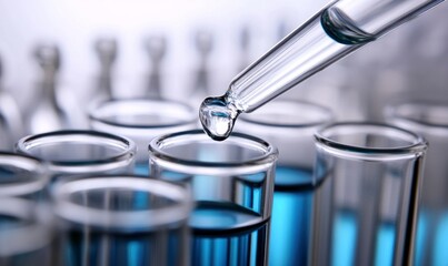 test tubes filled with a clear liquid, with an array of white and blue vials in the background. A dropper is pouring liquid into one tube