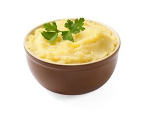 Delicious mashed potato with parsley in bowl isolated on white