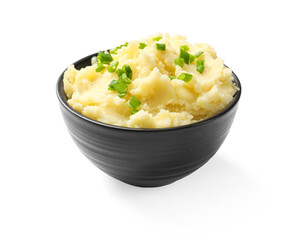 Delicious mashed potato with green onions in bowl isolated on white
