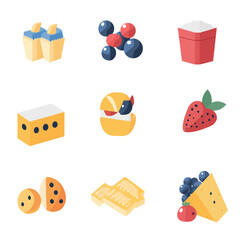 Assorted isometric sweets icons: cupcakes, berries, popcorn, and cheese.