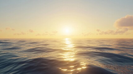 Obraz premium Ocean horizon at sunrise, golden light reflecting on the water, calm waves, peaceful seascape