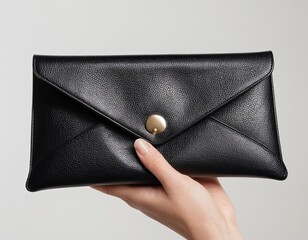 Stylish black leather clutch held by a hand, featuring a chic envelope design with a gold snap button.