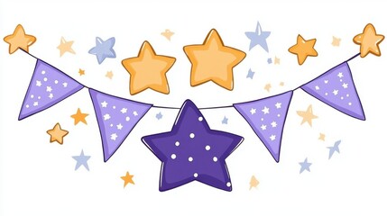 Obraz premium Purple and gold star garland with bunting flags on white background. Childlike drawing style, festive and celebratory theme. Perfect for invitations