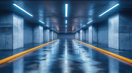 Fototapeta premium Modern underground parking with blue lights and reflective wet floor