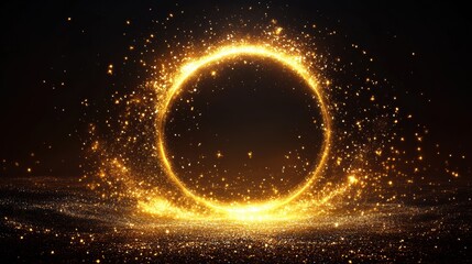 Glowing golden circle with sparkling particles on dark background