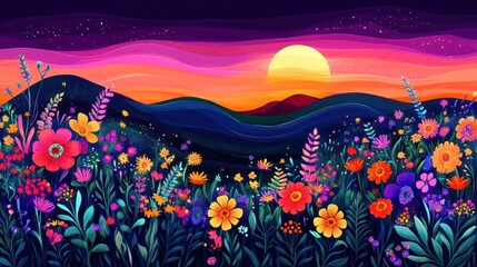 Fototapeta premium Vibrant sunset over colorful wildflowers and rolling hills.