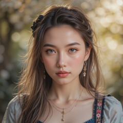 serene young woman with fair skin gazes serenely, lost in thought, soft light highlighting her delicate features in nature