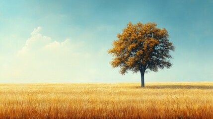 Fototapeta premium Golden field, lone tree, serene autumn scene