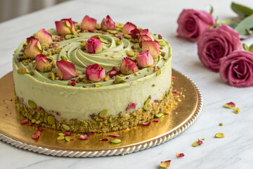 Aesthetic patisserie featuring layered pistachio and rose cakes, perfect for weddings, special occasions, and dessert lovers