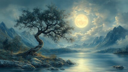 Serene moonlit lake, ancient tree, majestic mountains.