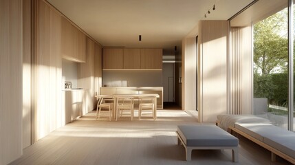 A compact but stylish minimalist home with built-in storage solutions, multi-functional furniture, and a sleek modern design.