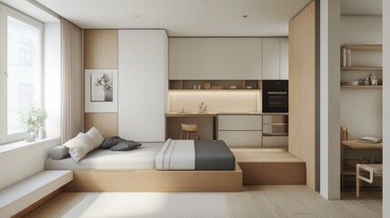 Fototapeta premium A compact but stylish minimalist home with built-in storage solutions, multi-functional furniture, and a sleek modern design.