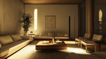 A cozy minimalist living room with neutral tones, simple wooden furniture, soft lighting, and an open, airy design that feels warm and inviting.
