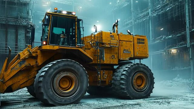 Bulldozer on Duty: A heavy-duty bulldozer stands ready amidst a construction site, showcasing power and industry under the watchful eye of overhead lights.