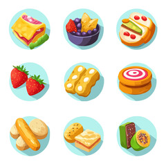 Colorful Food Icon Set Featuring Breakfast, Snack, and Dessert Items