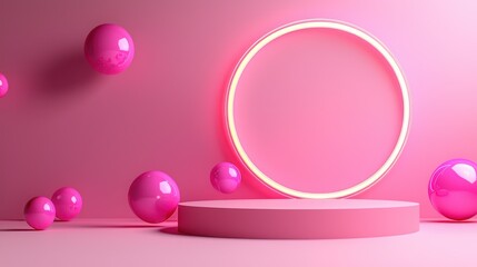 Obraz premium Pink 3D display podium with floating spheres and neon circle